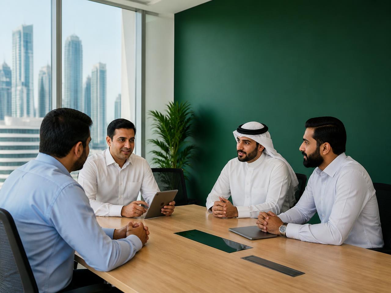 Nuriva Global recruitment consultants in a client meeting with a Gulf city skyline behind them